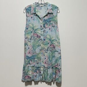 Song n Spirit Fun Flamingo Tropical Colorful Sleeveless A-Line Flare Shirt Dress
